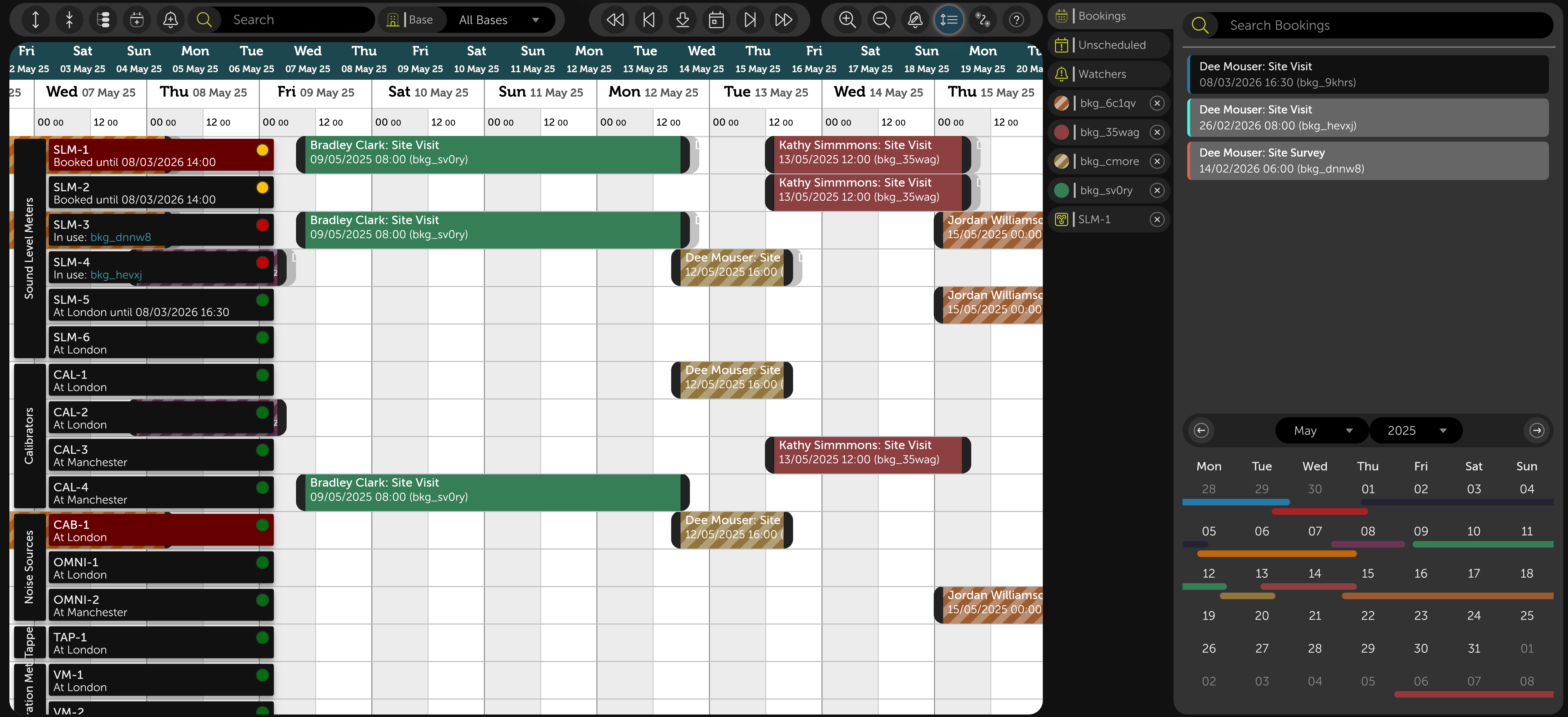 KiTrackr booking calendar and equipment scheduling interface